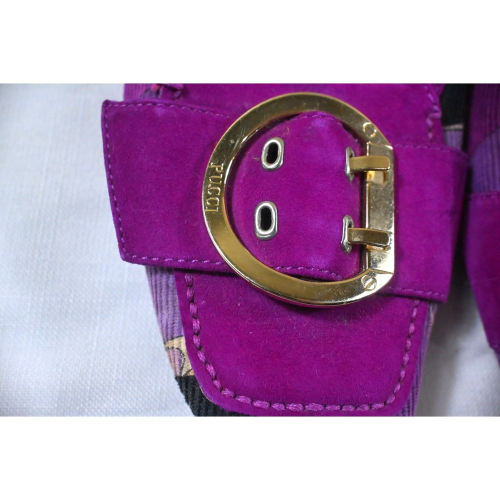 Emilio Pucci Purple Magenta Suede Geometric Print Driving Loafers Buckle Flats S - Picture 3 of 12